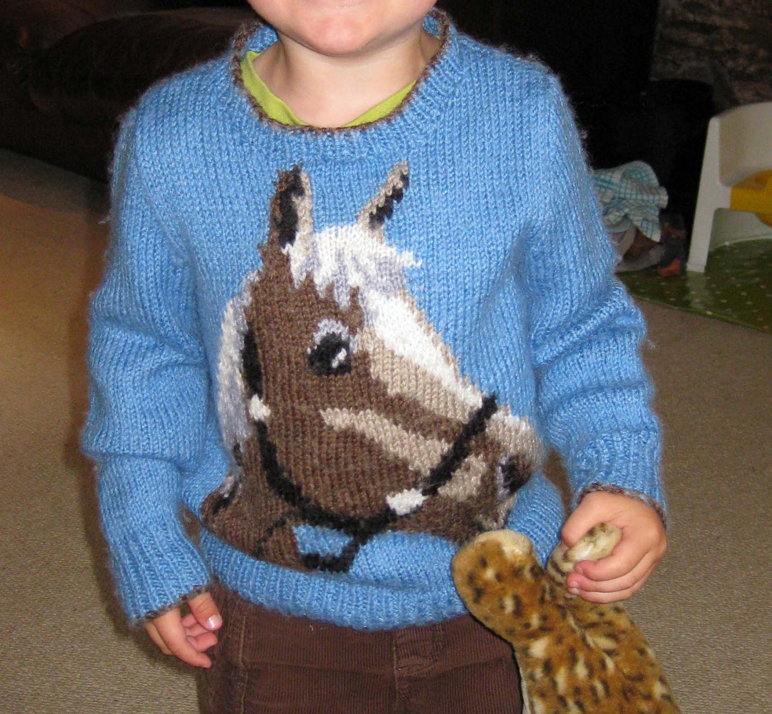 Childrens and Adult Horses Head Motif Sweater Knitting Pattern, Sizes