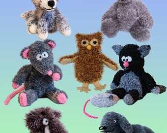 Cute Toys 4 - PDF knitting pattern - Bear, Lamb, Rat, Woolly Mammoth, Barn owl, Husky dog, Chunky cat and mouse - soft toy