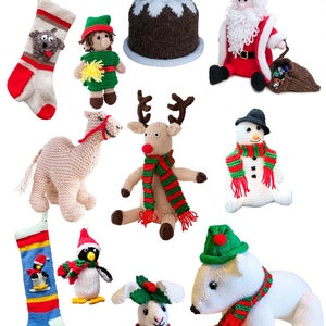May include: A collection of knitted Christmas toys, including a snowman, reindeer, elf, penguin, camel, polar bear, rabbit, stocking, and a Christmas pudding.  The toys are all white with red and green accents.  "Cute Christmas Toys" and "Linda's Knitwear Designs" are written in the image.