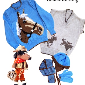 Engels breipatroon - Kinderpaarden trui met hoofd en springpaardmotief - tanktop, muts, sjaal, wanten en speelgoed cowboypaard