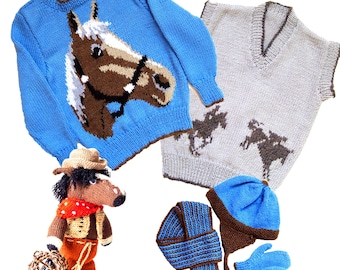 May include: Knitting patterns for a blue sweater with a horse's head design, a grey tank top with a jumping horse design, a blue hat, a blue and brown scarf, and blue mittens. The patterns are called "Horse's Head Sweater" and "Jumping Horse's Tank Top".  The patterns are by Linda Moorhouse.  The chest sizes are 24-38 inches and 24-32 inches.