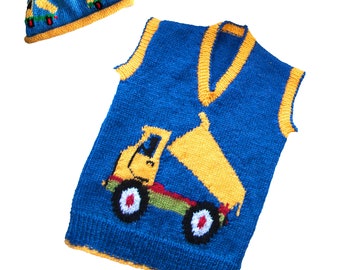 Children&#39;s Dump Truck Motif sweater, English knitting pattern, sizes: 26 to 32 inch chest - PDF in English only - dump truck hat