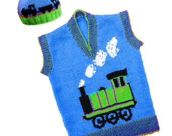 Children's Steam Train motif sweater knitting pattern, sizes: 26 to 32 inch chest - PDF - bobble hat