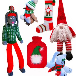 Cute Christmas Toys Part 4 - Gnome, Long legged Rabbit, Stocking, cat, robin, hotwater bottle cover - PDF English knitting pattern download