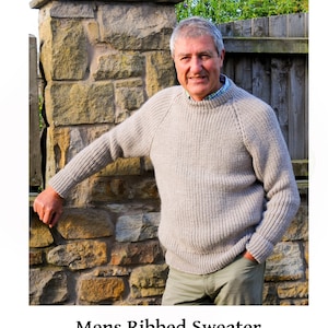 Men's Ribbed sweater knitting pattern - PDF download - Fisherman's rib - sizes 36 to 42 inch chest - raglan sleeves - double knitting yarn