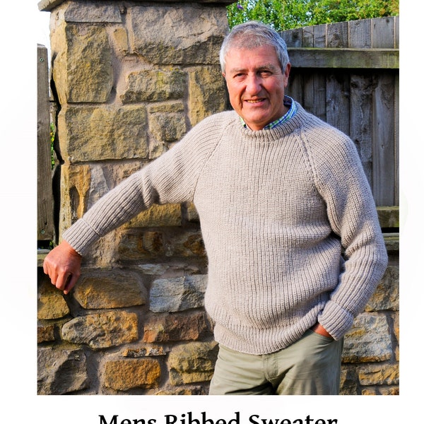 Men's Ribbed sweater knitting pattern - PDF download - Fisherman's rib - sizes 36 to 42 inch chest - raglan sleeves - double knitting yarn
