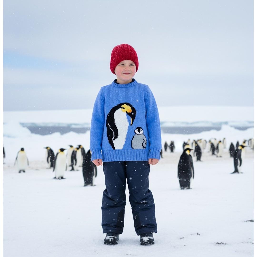 Emperor Penguin and Chick Motif Sweater, English Knitting Pattern