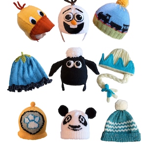 Puede incluir: Una colección de 10 gorros tejidos para niños, con varios animales y personajes de dibujos animados. Los gorros están hechos con hilo de doble tejido y están diseñados para niños de 2 a 5 años. Los gorros incluyen un pollito amarillo, un muñeco de nieve, un tren, un gorro azul con una flor, una oveja negra, un gorro de princesa, un gorro amarillo con una huella de pata, un panda y un gorro a rayas azul y blanco.