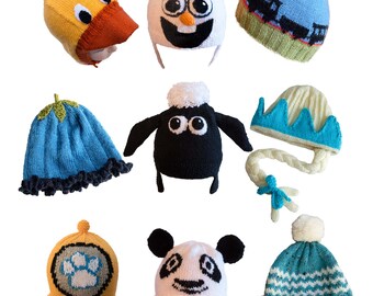 Cute hats to knit for children 2 - PDF knitting pattern - Sheep, train, panda, bluebell, paw, snowman, princess, helmet, duck - ages 2 to 5