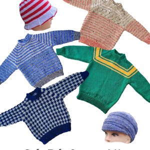 English PDF download Rufty Tufty Toddler's sweaters knitting pattern, cap & sunhat - sizes: 18 to 22 inch chest - button opening