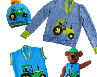 Children's Tractor Motif sweater knitting pattern, sizes 22 to 32 inch chest -  PDF - Farmer Bear and Tractor hat