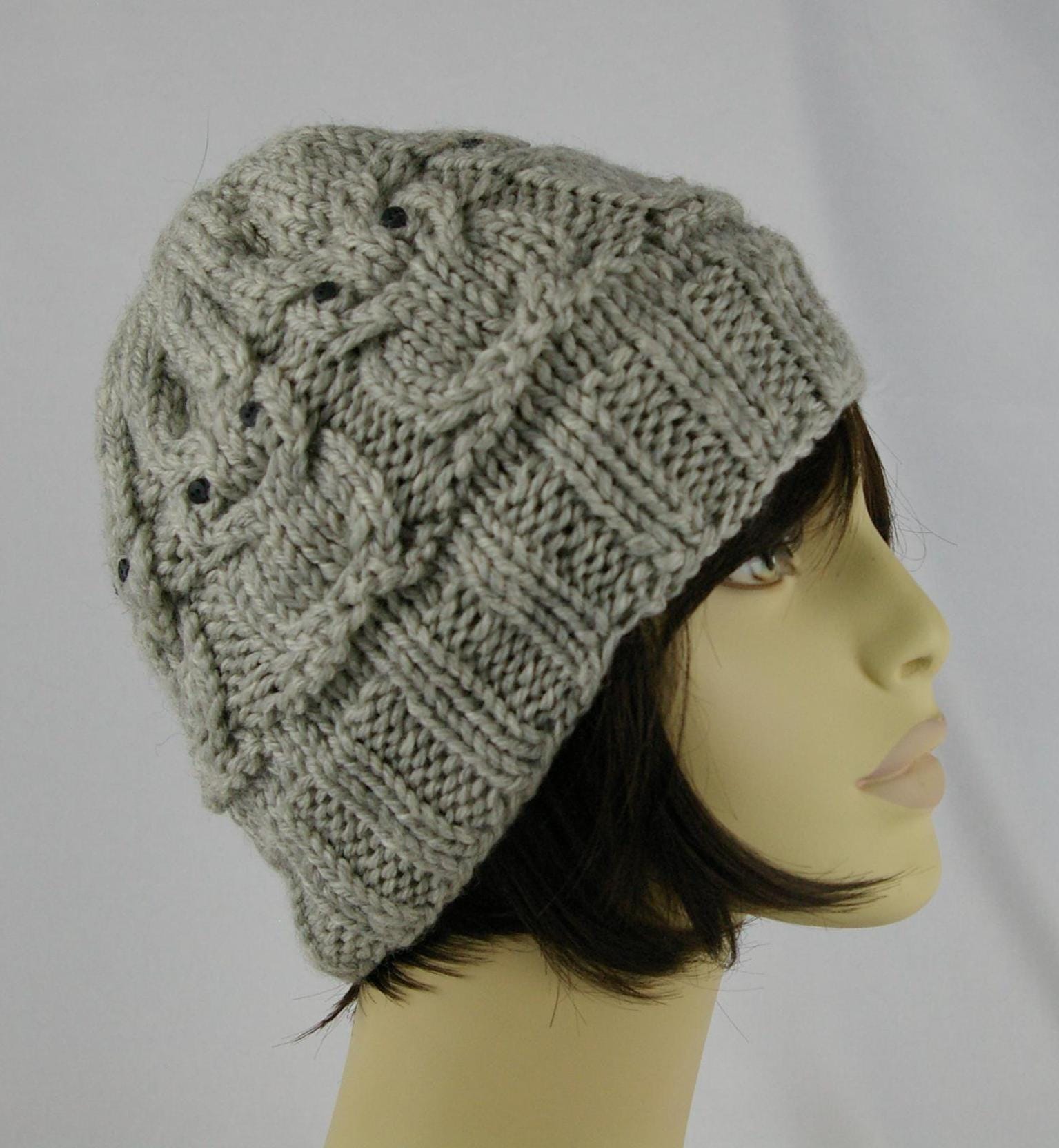 Hand knit hat - cabled owl with mini button eyes