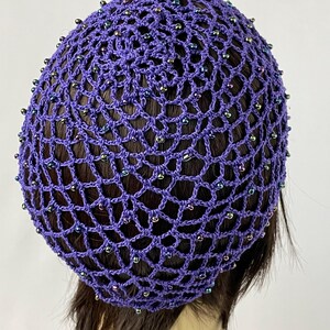Snood - lace mesh hairnet - hand crocheted in purple cotton thread - with glass beads