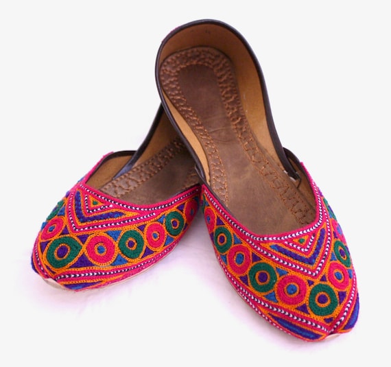Colourful Traditional Indian Embroidered Leather Flat Shoes Etsy