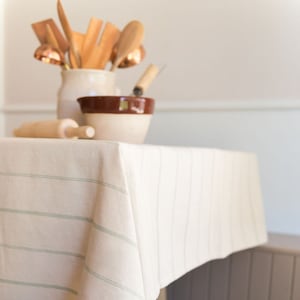 Green Stripe Rectangle Tablecloth - Natural Linen Tablecloth - Rectangle Tablecloth - French Tablecloth - Machine Washable  - Home Decor