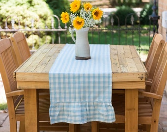 Blue Gingham Ruffled Table Runner