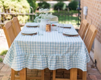 Blue Ruffled Gingham Tablecloth