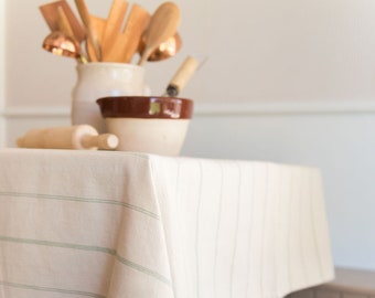 Green Stripe Rectangle Tablecloth - Natural Linen Tablecloth - Rectangle Tablecloth - French Tablecloth - Machine Washable  - Home Decor