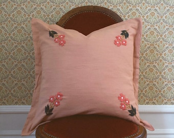 Ada Clare Pillow - Embroidered Pillow - Wool Embroidered Pillow - Throw Pillow - Floral Pillow - Pink Pillow Case - Cotton Accent Pillow