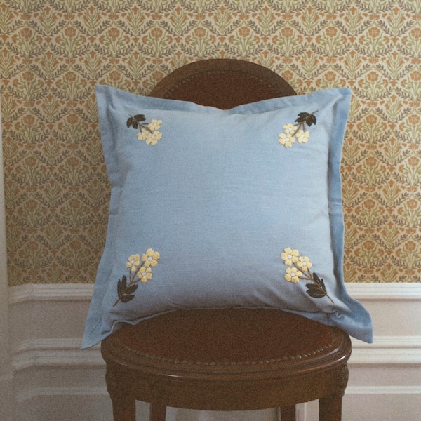 Estella Pillow (Blue)- Embroidered Pillow - Wool Embroidered Pillow - Throw Pillow - Floral Pillow - Blue Pillow Case - Cotton Accent Pillow