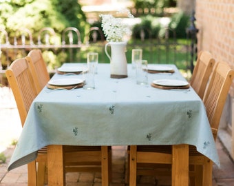 Blue/Green Embroidered Tablecloth -Floral Embroidered Pattern - Wedding Tablecloth - Bridal Shower Tablecloth - Shower Tablecloth -Rectangle