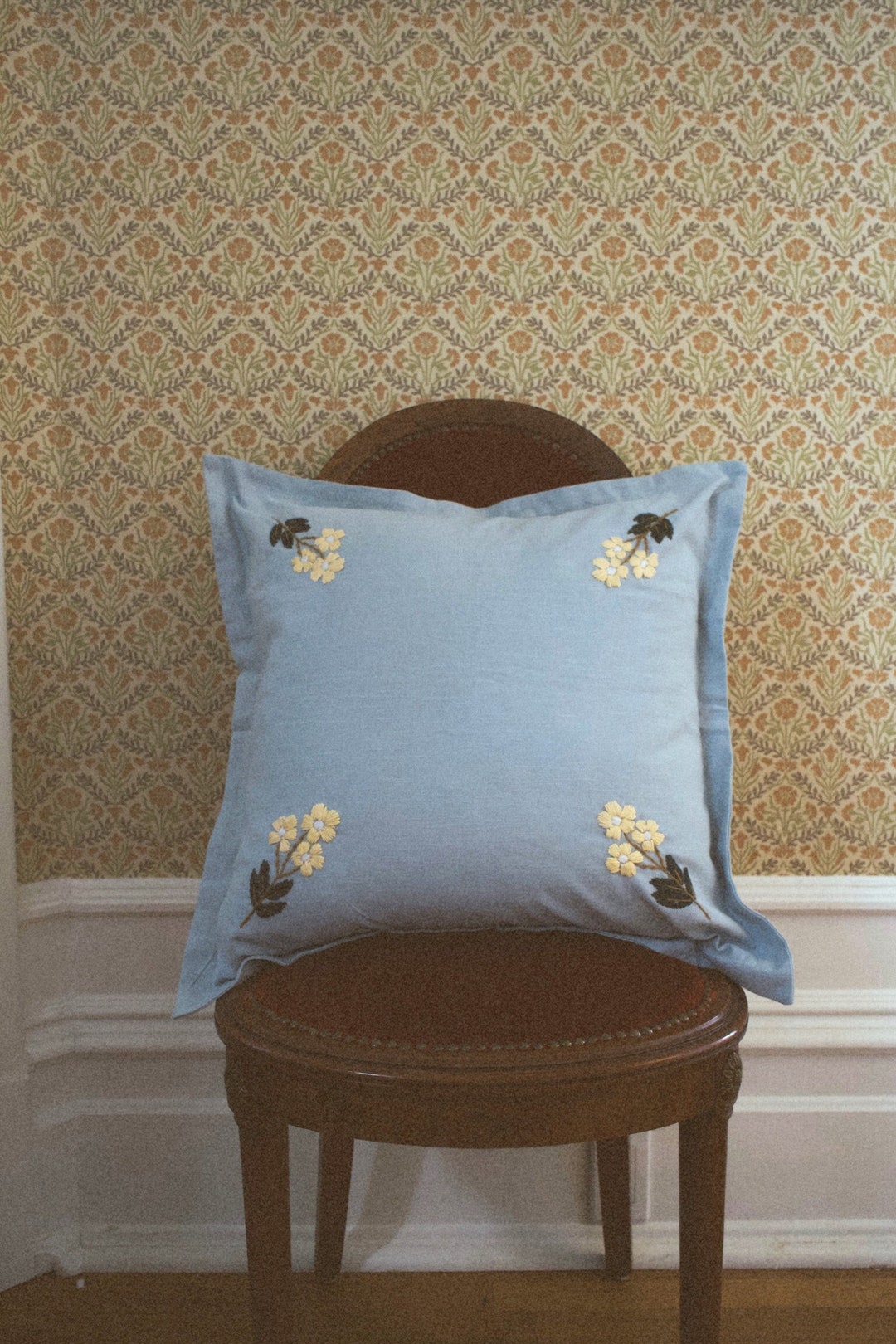 Estella Pillow blue Embroidered Pillow Wool Embroidered Pillow Throw