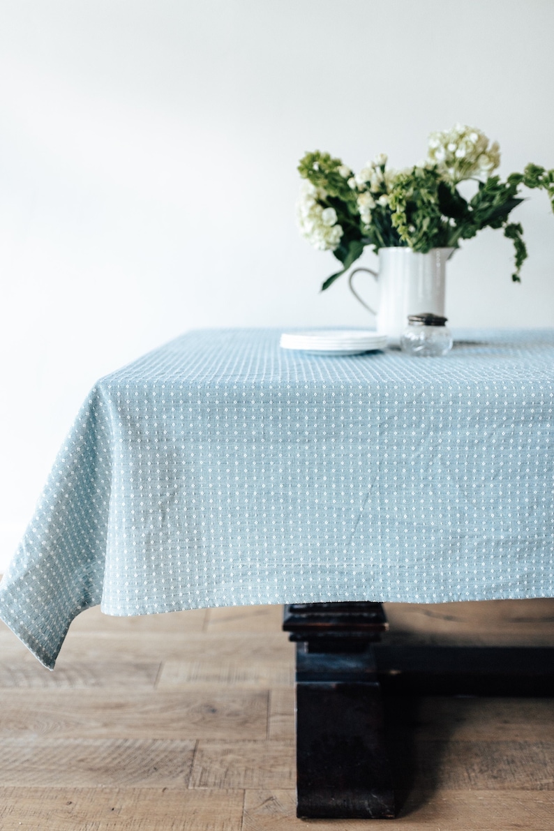 Blue Linen Tablecloth Dot Tablecloth Rectangular Tablecloth Heavy Weave Table Linens Dining Table Decor Cotton Tablecloth image 9