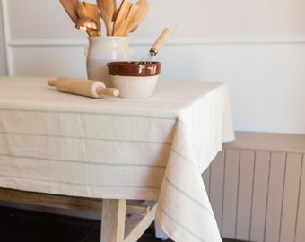 Green Striped Linen Tablecloth - Simple Stripe Tablecloth - Rectangular Tablecloth - Bridal Shower Tablecloth - Cotton Tablecloth - European