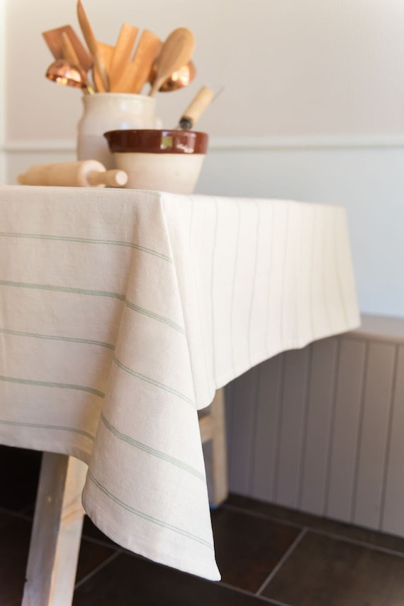 Green Stripe Cotton Rectangle Tablecloth - European Inspired