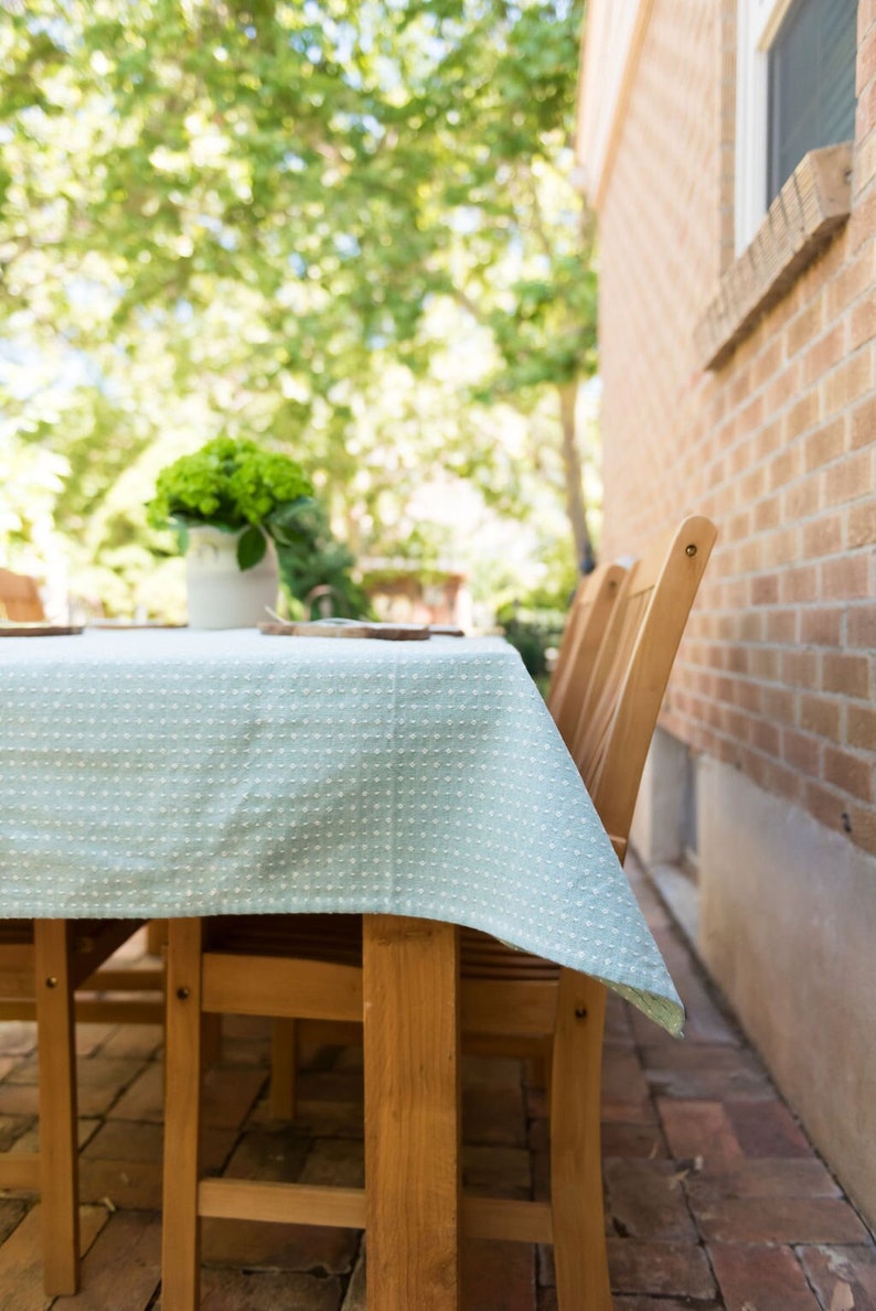 Blue Linen Tablecloth Dot Tablecloth Rectangular Tablecloth Heavy Weave Table Linens Dining Table Decor Cotton Tablecloth image 1