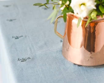 Blue/Green Embroidered Tablecloth - Cotton Tablecloth - Rectangular Tablecloth - Embroidery - Machine Washable - Floral Tablecloth