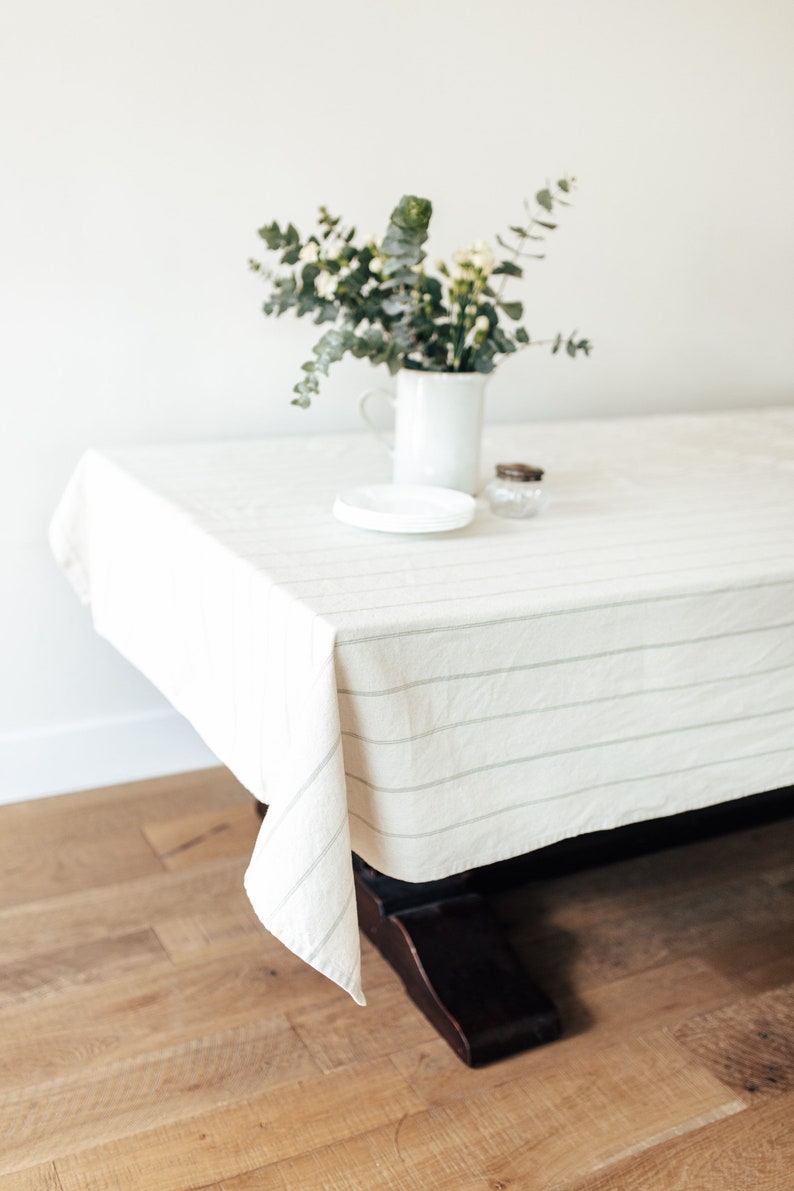 Green Stripe Rectangle Tablecloth Natural Linen Tablecloth Etsy