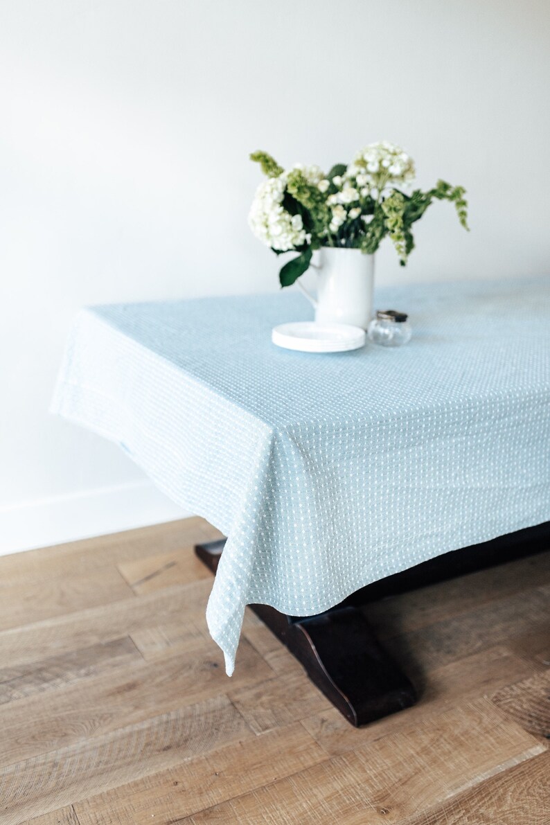 Blue Linen Tablecloth Dot Tablecloth Rectangular Tablecloth Heavy Weave Table Linens Dining Table Decor Cotton Tablecloth image 8