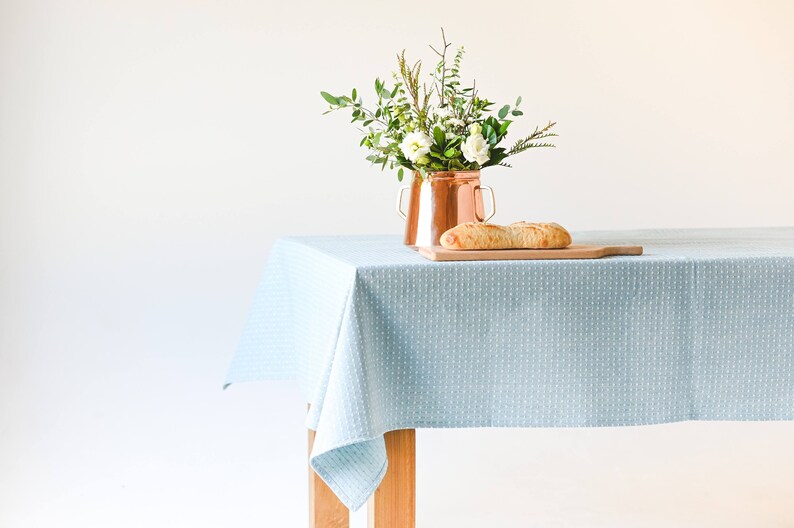 Blue Linen Tablecloth Dot Tablecloth Rectangular Tablecloth Heavy Weave Table Linens Dining Table Decor Cotton Tablecloth image 3