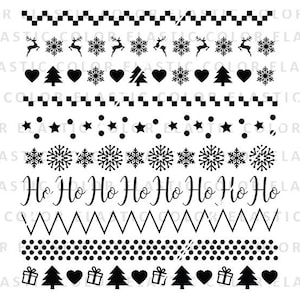 Könnte beinhalten: Ein Schwarzweiß-Clipart-Bild mit verschiedenen weihnachtlichen Designs, darunter Rentiere, Schneeflocken, Herzen, Bäume, Sterne und der Spruch "Ho Ho Ho".