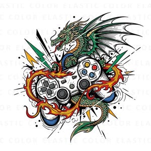 May include: A detailed illustration of a green dragon wrapped around a white video game controller. The dragon has detailed scales and wings, with flames and lightning bolts surrounding the controller. The design is on a white background.