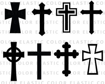 Könnte beinhalten: Acht verschiedene Kreuzdesigns in Schwarz und Weiß. Die Kreuze sind alle in einem einfachen, traditionellen Stil.