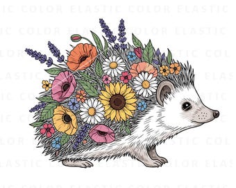 Floral hedgehog png, cute hedgehog clipart digital download