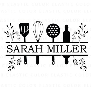 May include: Black and white kitchen-themed design featuring a spatula, whisk, slotted spoon, rolling pin, and floral accents. The name "SARAH MILLER" is displayed in bold letters, making it a personalized kitchen decor item.