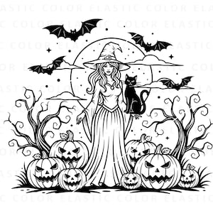 Halloween Hexe svg, Halloween-Szene mit Hexe und schwarzer Katze svg Design, Halloween Laser-Dateien digitaler Download