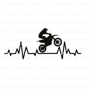 May include: Black silhouette of a motocross rider performing a wheelie over a stylised heartbeat graphic.