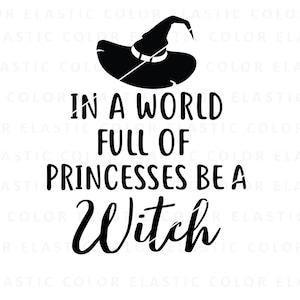 以下が含まれることがあります： 魔女の帽子と「プリンセスだらけの世界で、魔女になろう」というテキストが書かれた白黒のグラフィックデザインです。