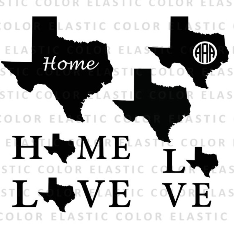 May include: Black and white silhouette of the state of Texas with the word "Home" written inside. Below, the word "HOME" is spelled out with a Texas silhouette for the letter "O". The word "LOVE" is spelled out with a Texas silhouette for the letter "O".