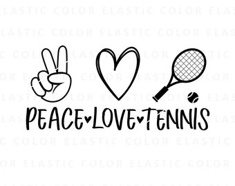 May include: Black and white graphic design with a peace sign, heart, tennis racket, and tennis ball. The text "Peace Love Tennis" is below the graphic.