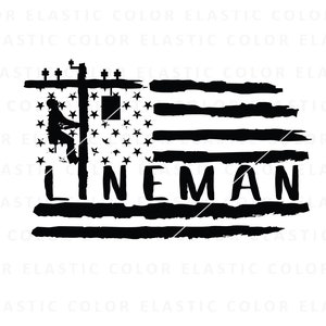 May include: Black and white illustration of a lineman working on a power line, with an American flag in the background. The text "LINEMAN" is written below the flag.