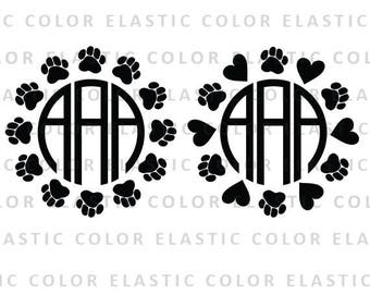 Dog paw circle monogram frame svg file - dogpaw love frame with heart digital file round heart studio file, svg, png, dxf, eps
