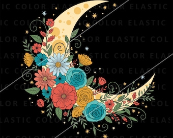 Luna creciente png, Boho png, Media luna con flores png sublimación, Místico png