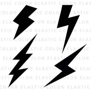 May include: Four black lightning bolt shapes on a white background. The lightning bolts are all different sizes and angles.