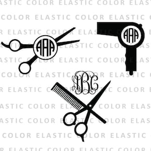 May include: Three black silhouette images of hairdressing tools: a pair of scissors with the monogram "AAA", a hairdryer with the monogram "AAA", and a pair of scissors with a comb and the monogram "ABC".