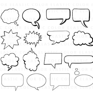 Könnte beinhalten: Ein Satz von 14 schwarzen und weißen Sprechblasen in verschiedenen Formen und Größen. Die Sprechblasen sind schwarz umrandet und haben einen weißen Innenraum.